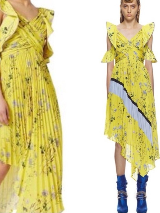Self-Portrait Dresses & Skirts - Self-Portrait Yellow Floral Asymmetric Pleated Dress with Blue Panel